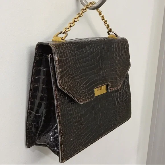 Gucci Brown Alligator Skin Top Handle Crossbody Bag Vintage Minimal Chic